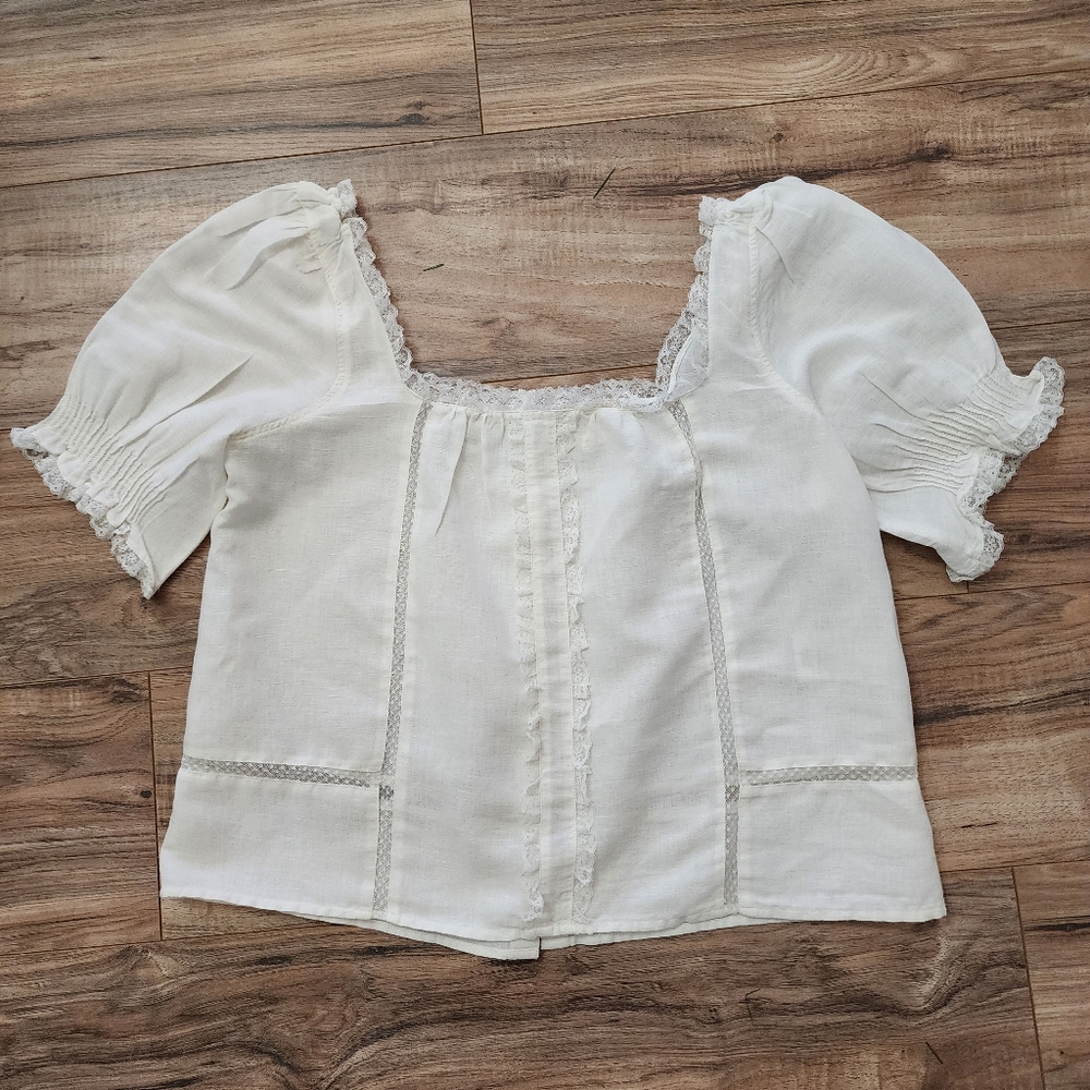 Sezane White Linen And Lace Blouse Puffed Sleeve Size 36 Small Or 6